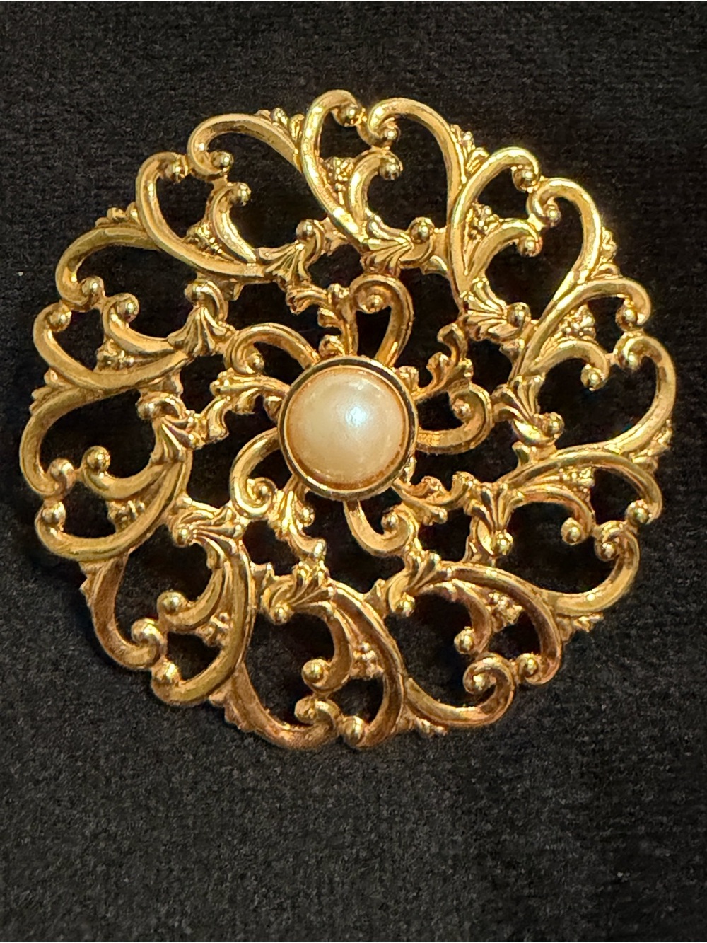 Vintage Avon Gold Filigree Brooch with Center Pearl